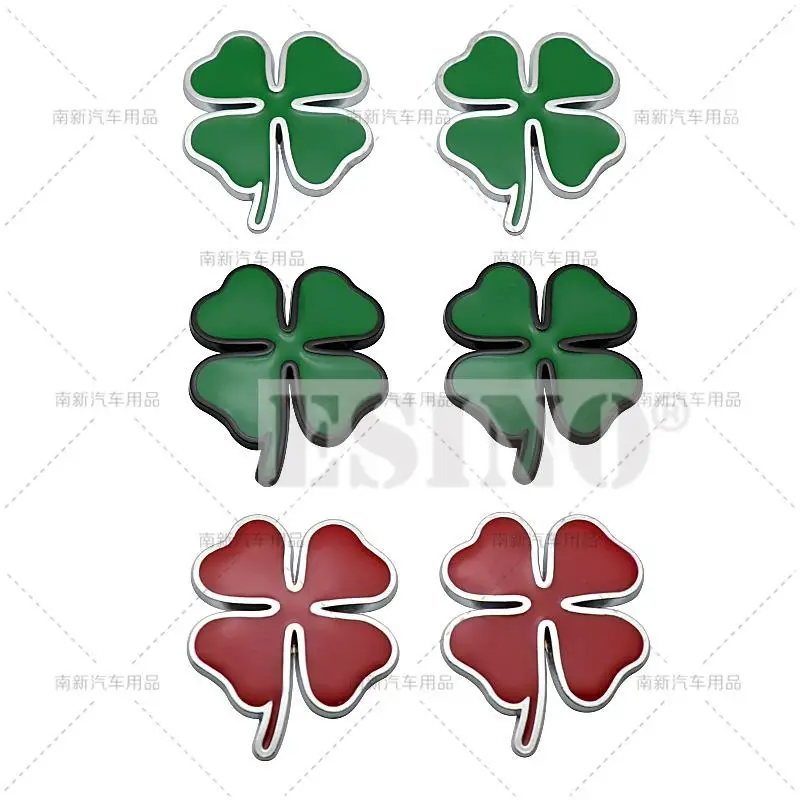 2 x Car 3D Metal Chrome Zinc Alloy Emblem Lucky Four Leaves Clover Quadrifoglio Car Badge Body Trunk Fender Adhensive Sticker