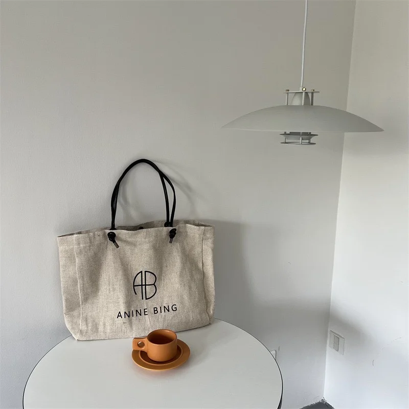 Retro Korean Cotton Linen Canvas Letter Print Underarm Bag Large Capacity Lazy Vacation Tote Bag Single Shoulder Handbag
