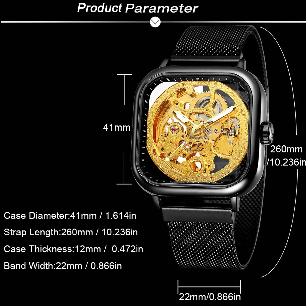 FORSINING Engraved Mens Automatic Skeleton Mechanical Watch Luminous Hands Black Golden Carving Casual Mesh Steel Band Man Clock
