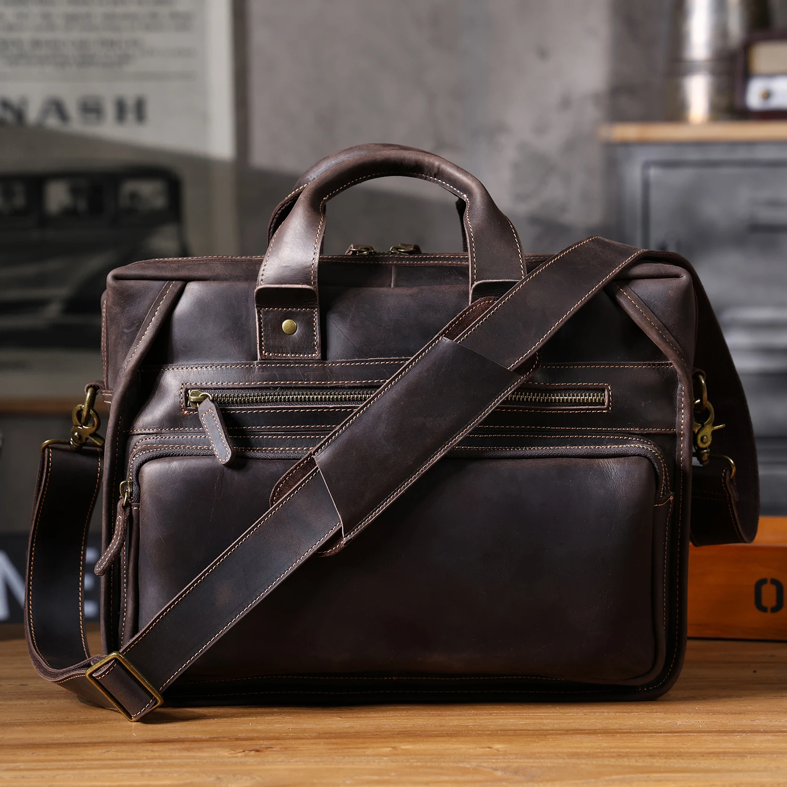 Vintage Echtleder Herren-Aktentasche 14" Laptop-Tasche Crazy Horse Leder Messenger-Handtasche Rindsleder Geschenkidee für Männer – Detail 8