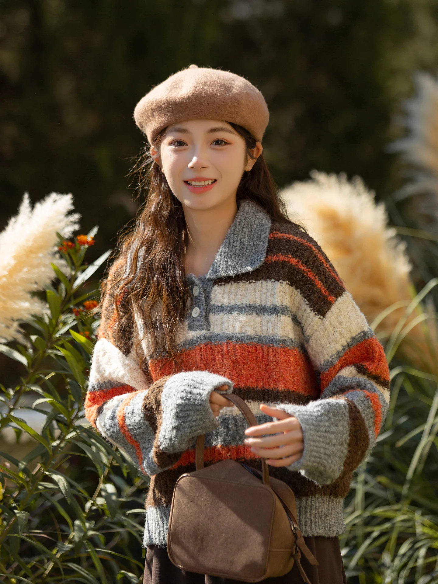 

Retro Striped Collar Knitted Sweater Women's Autumn Winter Design Sensation Color Left Bank Vintage Contrast Color