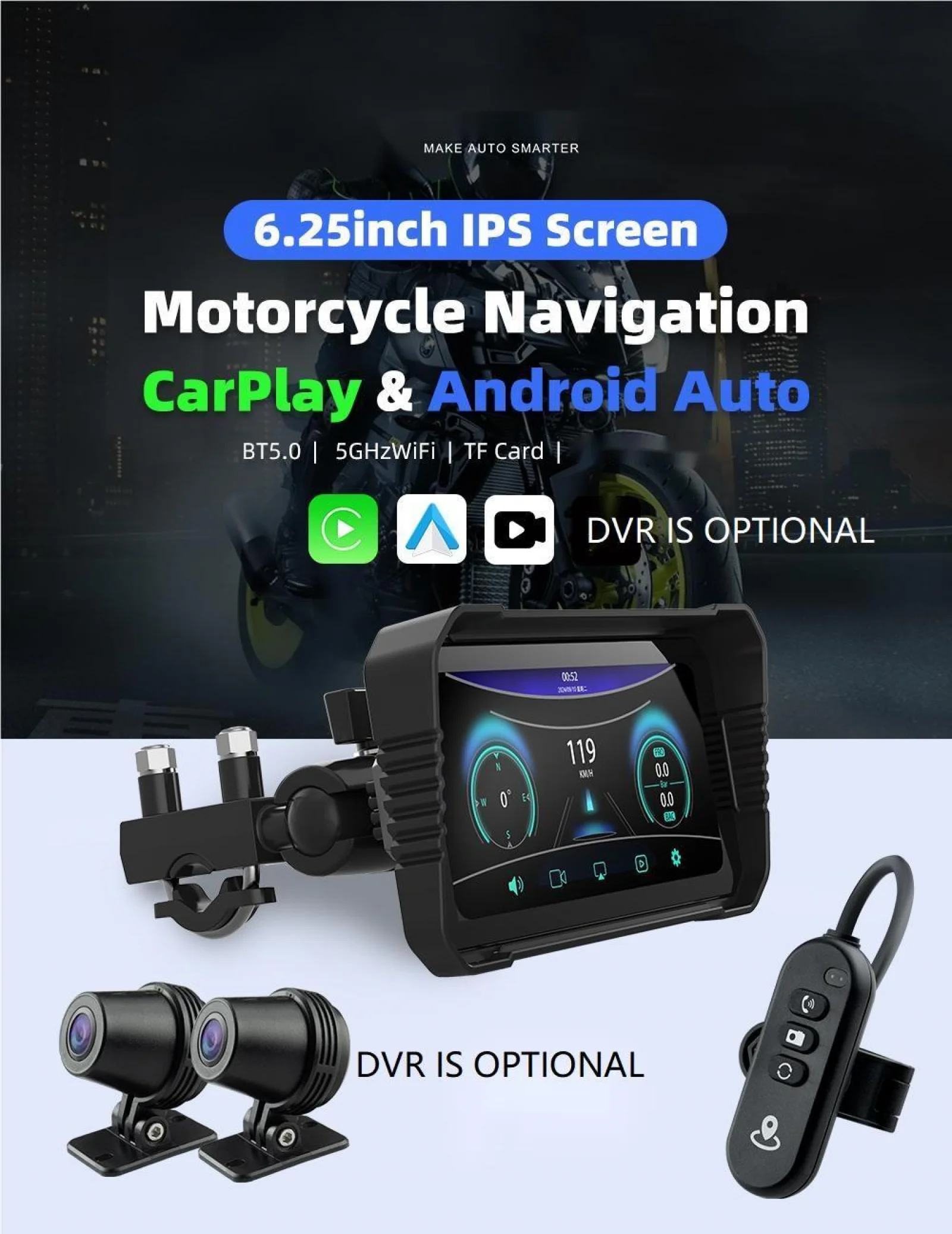 

6.25 Inch Motorcycle Navigation 800nit External Portable Display Screen IP67 Waterproof Motorcycle Wireless Carplay Android Auto