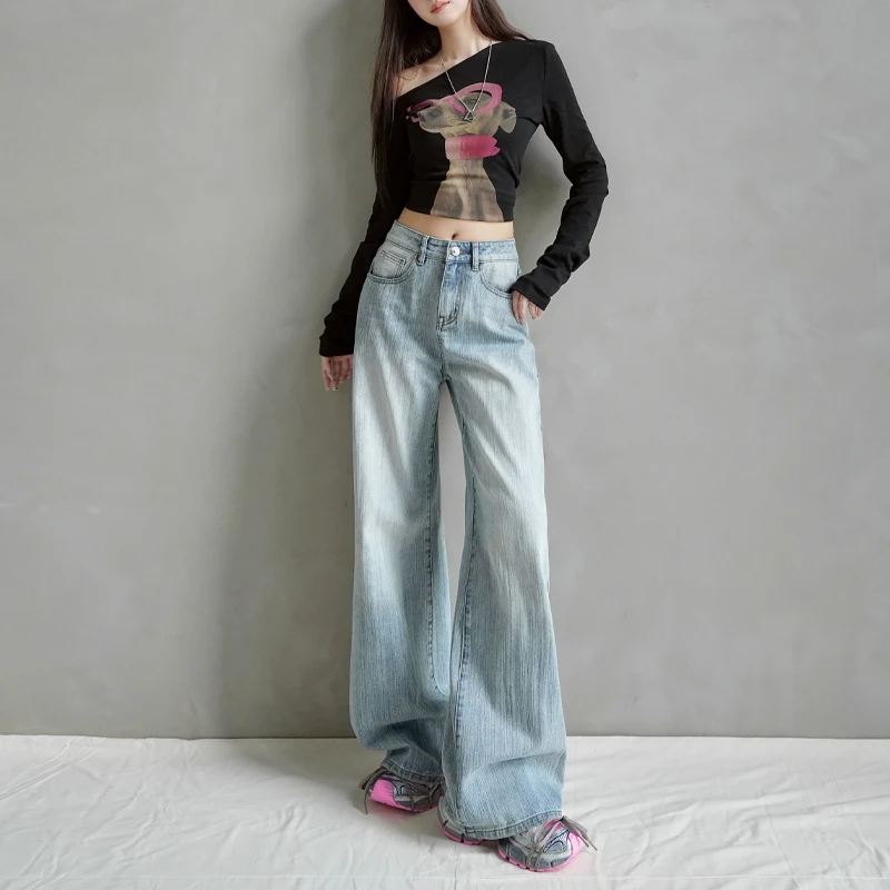 

High Waist Wide Leg Blue Autumn Vintage Classic Loose Female Jeans New Simple Button Fashion Casual Women Jeans Y2K