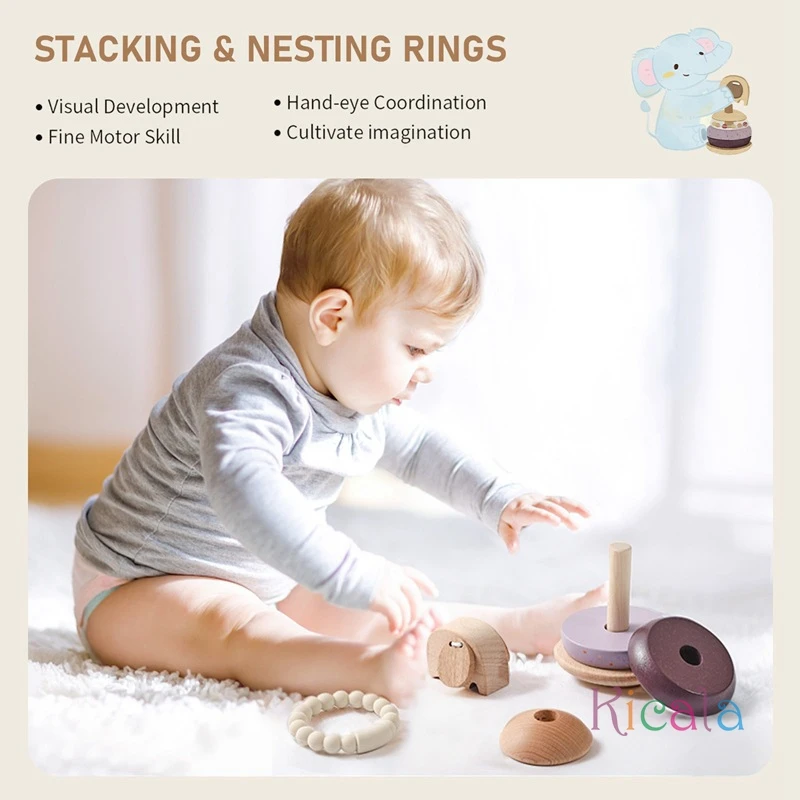 Wooden Elephant Stacking Rings Toy  Educational Early Learning Toy for Toddlers Blocks Develops Hand-Eye Coordination Gift Toys