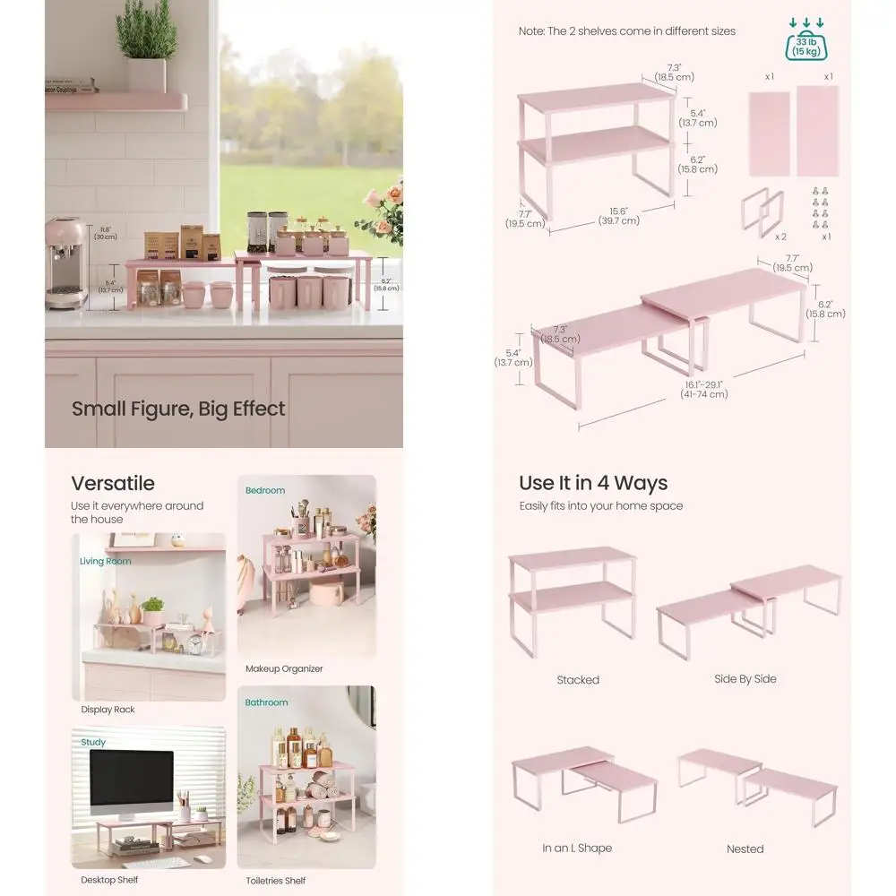 

Штабелируемый органайзер для кухонной стойки для специй, состоящий из 2 предметов, металл и дерево, розовый