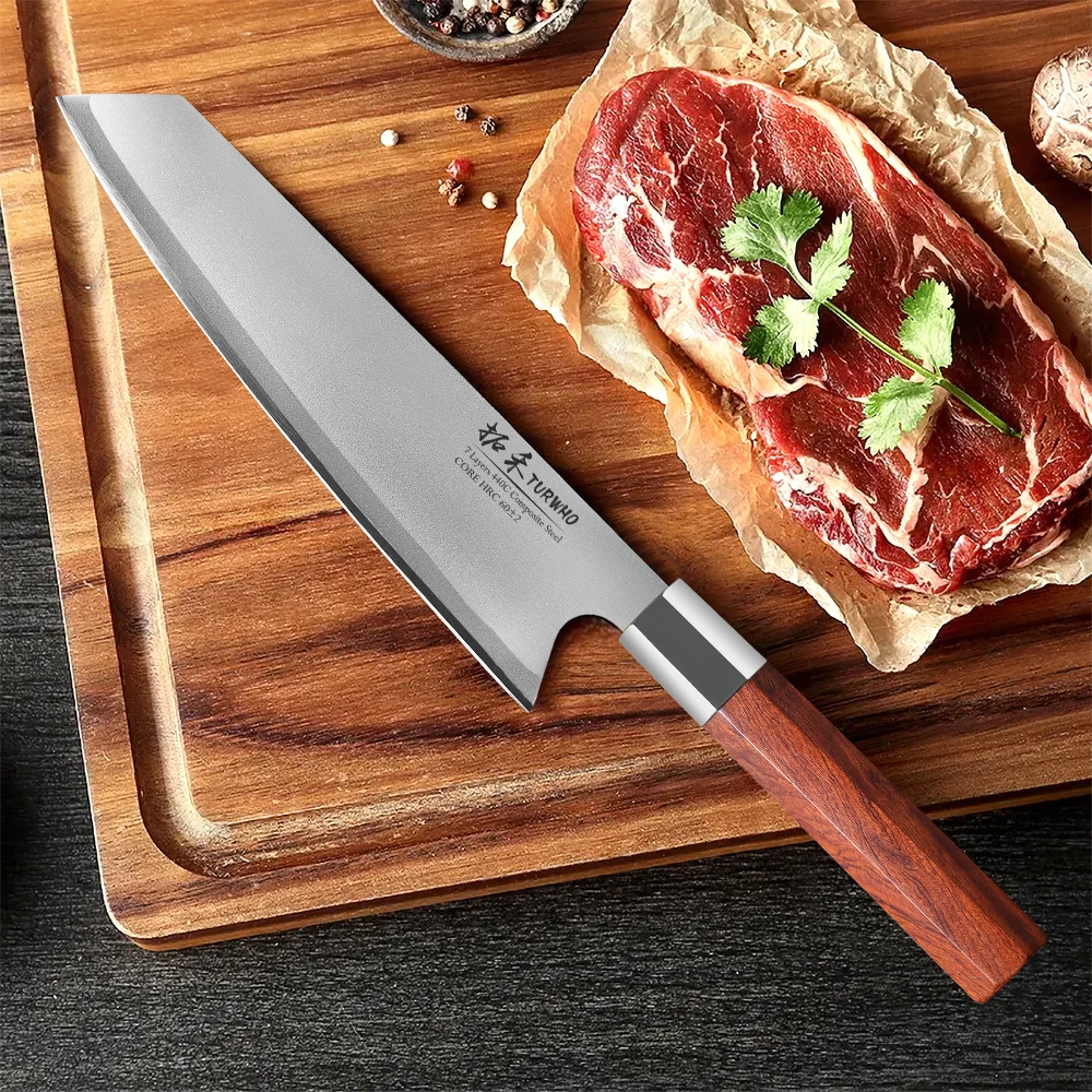 TURWHO 8-inch Japanese Chef Knife 7-Layer 440C Composite Steel Kitchen Knives Handmade Kiritsuke Bunka Knives Octagonal Handle