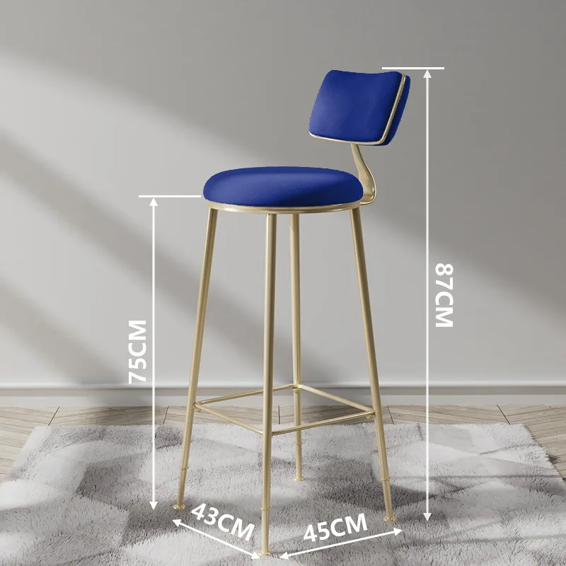 Stylish gold metal legged bar stool with velvet seat and backrest for family kitchen island