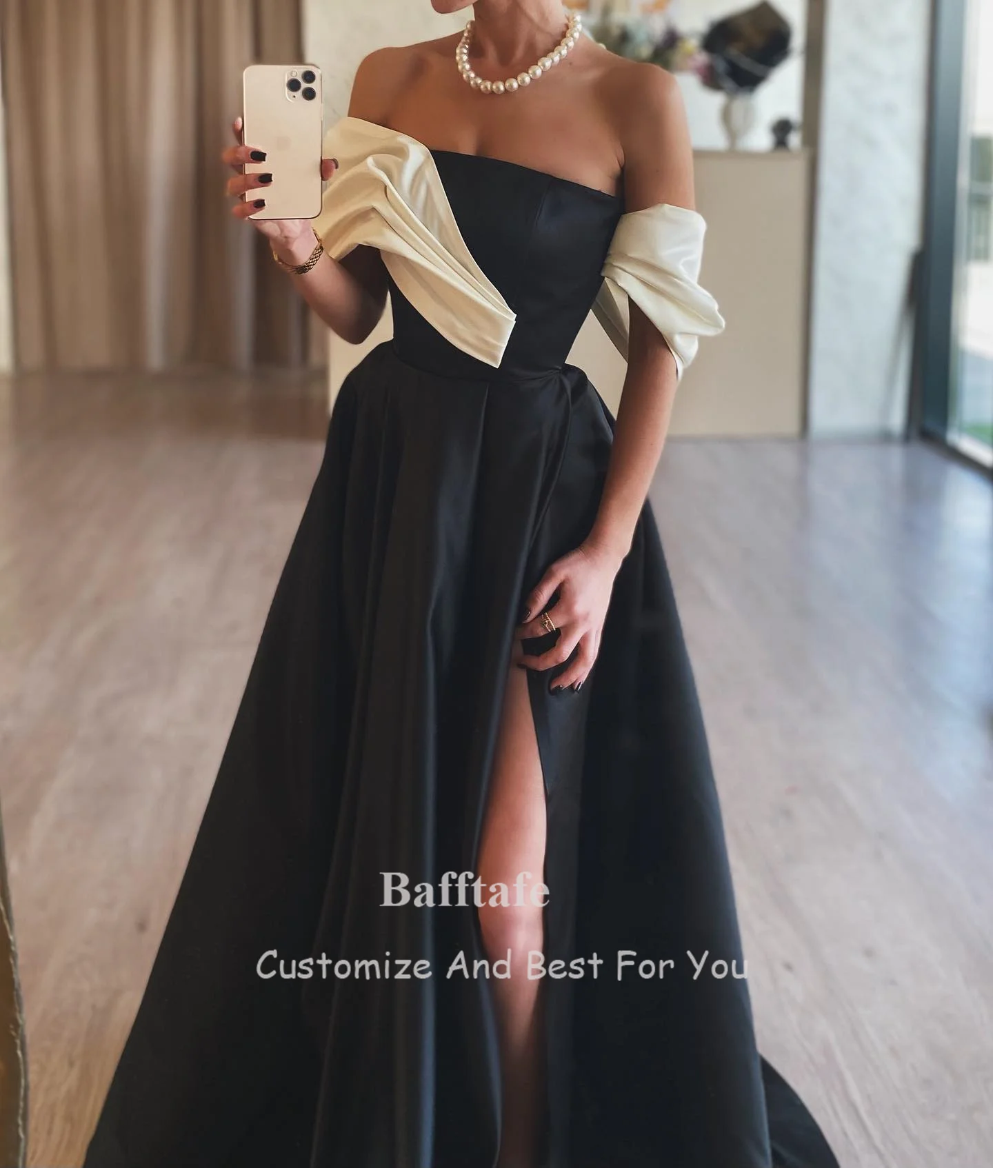 Black A Line Satin Prom Dresses Customized Saudi Arabic Women Outfits Off Shoulder Slit Evening Dress Formal Night Party Gowns