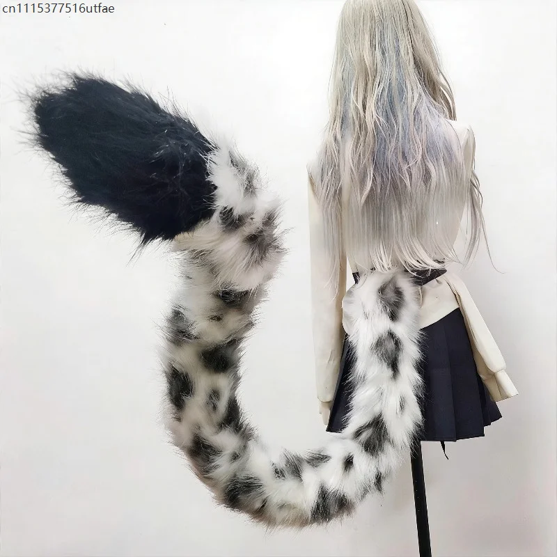 Snow Leopard Print Furry Long Tail Cosplay Prop Thick Faux Fur Animal Tail Adjustable Strap Design Stage Halloween Carnival