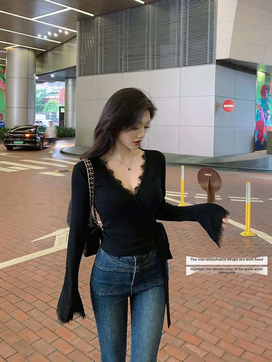 Bla Lace V-ne Tie Long Sve T-irt Women's Autumn Winter Slim Fit Inner Wear Base Irt Lin Guan Guan Commute Sle
