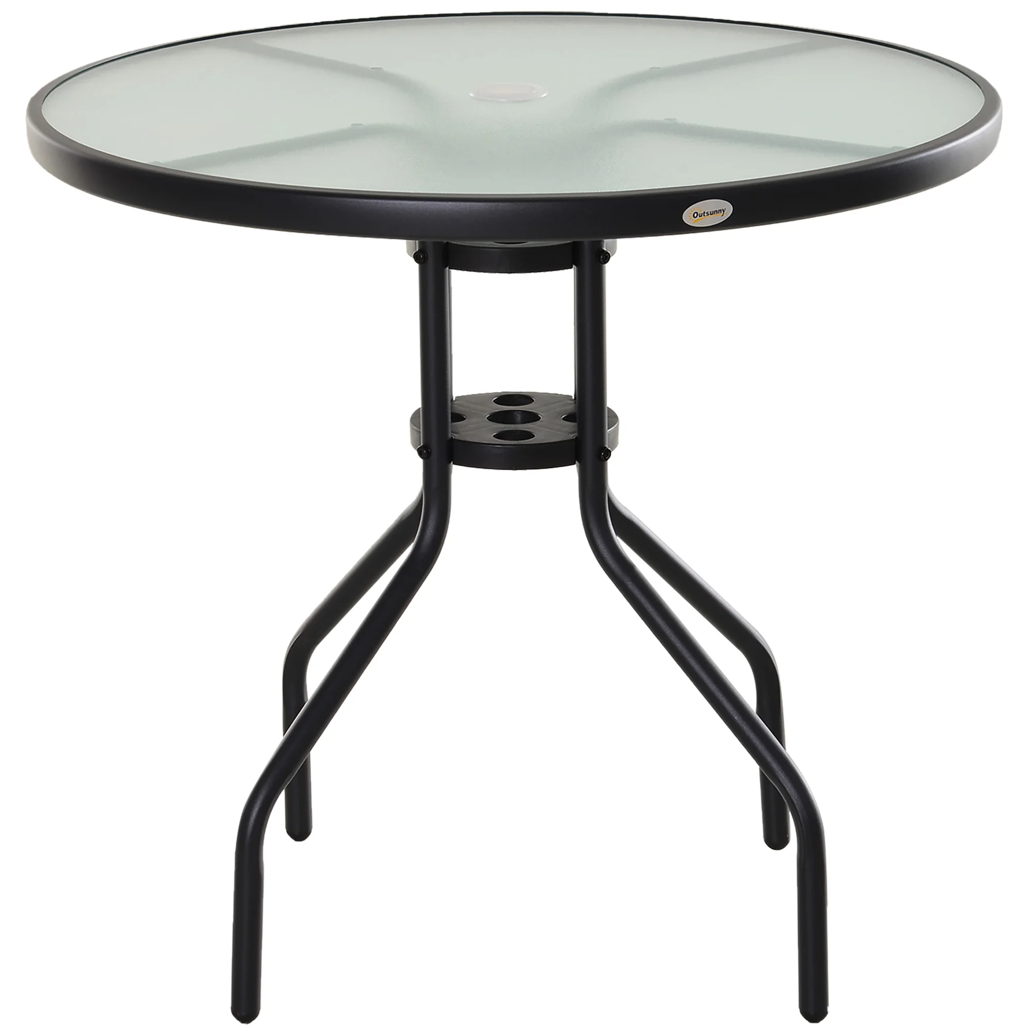 Outsunny Mesa de Jardín Redonda de Cristal con Agujero para Sombrilla Ø80x72 cm