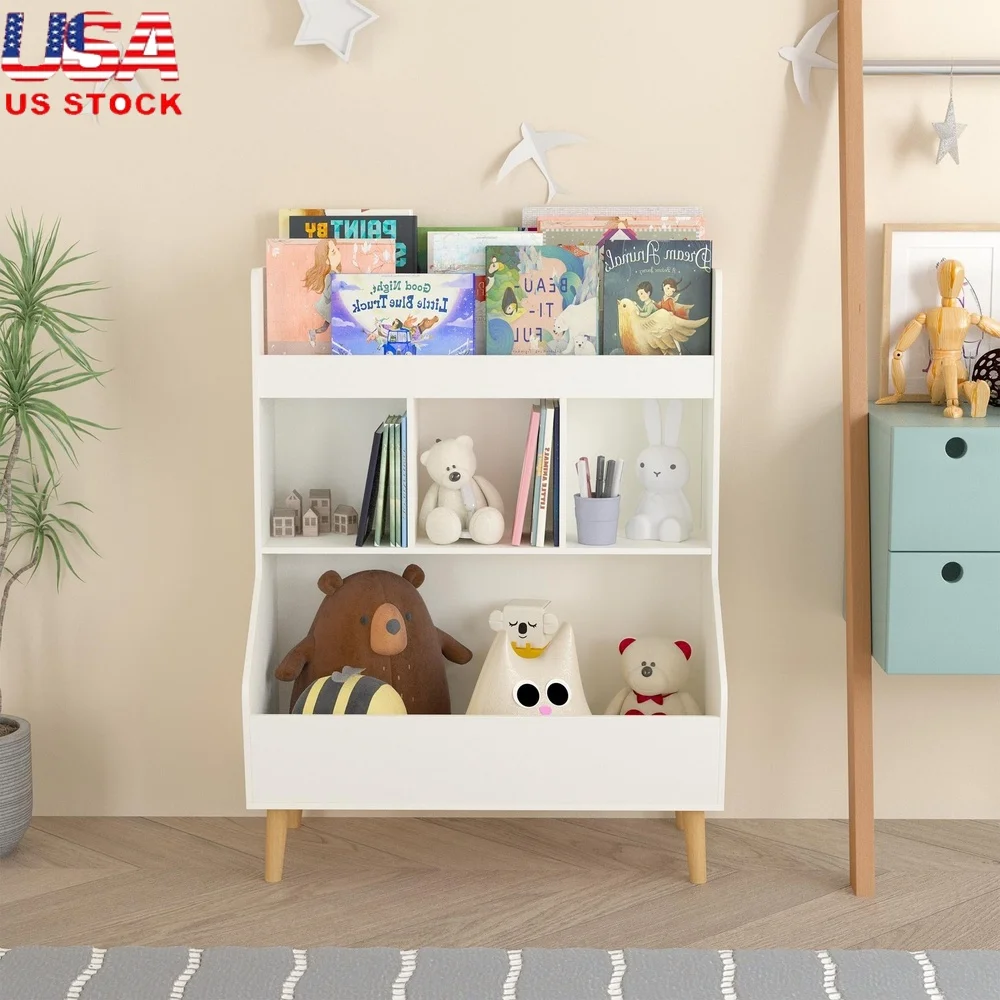 

Kids Wooden Bookshelf with Toy Storage Organizer 2 Shelves Modern Design Bedroom Playroom Nursery Safe Durable MDF Construction