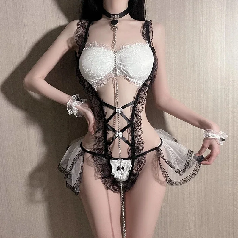 Lencería Sexy para mujer, vestido de sirvienta, uniforme de sirviente Lolita, ropa exótica, vestido de encaje, picardías, disfraz erótico, juego de rol
