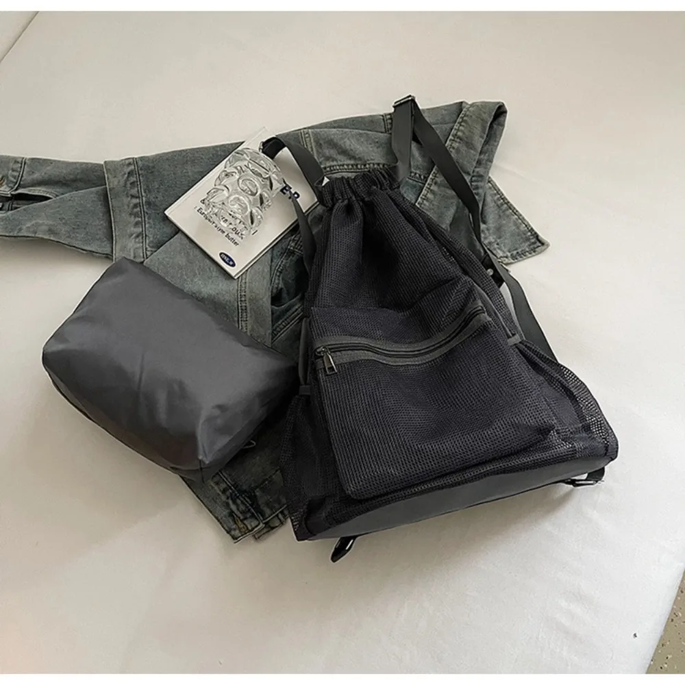 

Casual Korean Style Drawstring Backpack Hollow Shoulder Bag Nylon Backpack Large Capacity Solid Color Mesh Beach Bag Outdoor