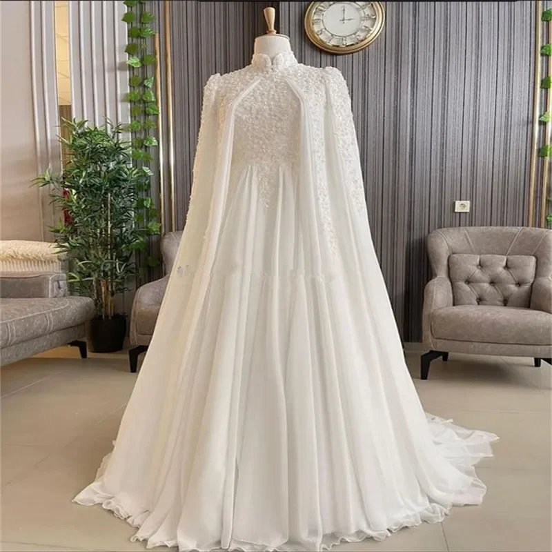 

Muslim caftan Wedding Dresses Elegant High Neck Beaded Lace Islamic Princess Bridal Dresses With Caped customsized