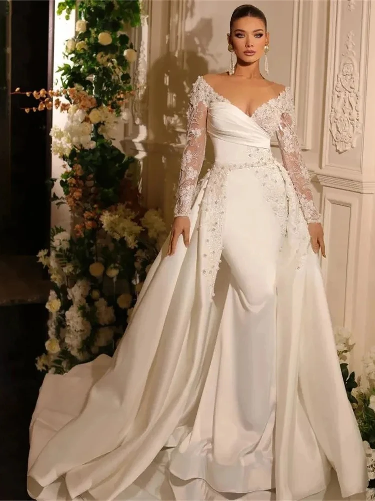 Vestidos de casamento de luxo com trem destacável cetim vestidos de noiva rendas apliques miçangas sereia vestidos de novia 2025 personalizado