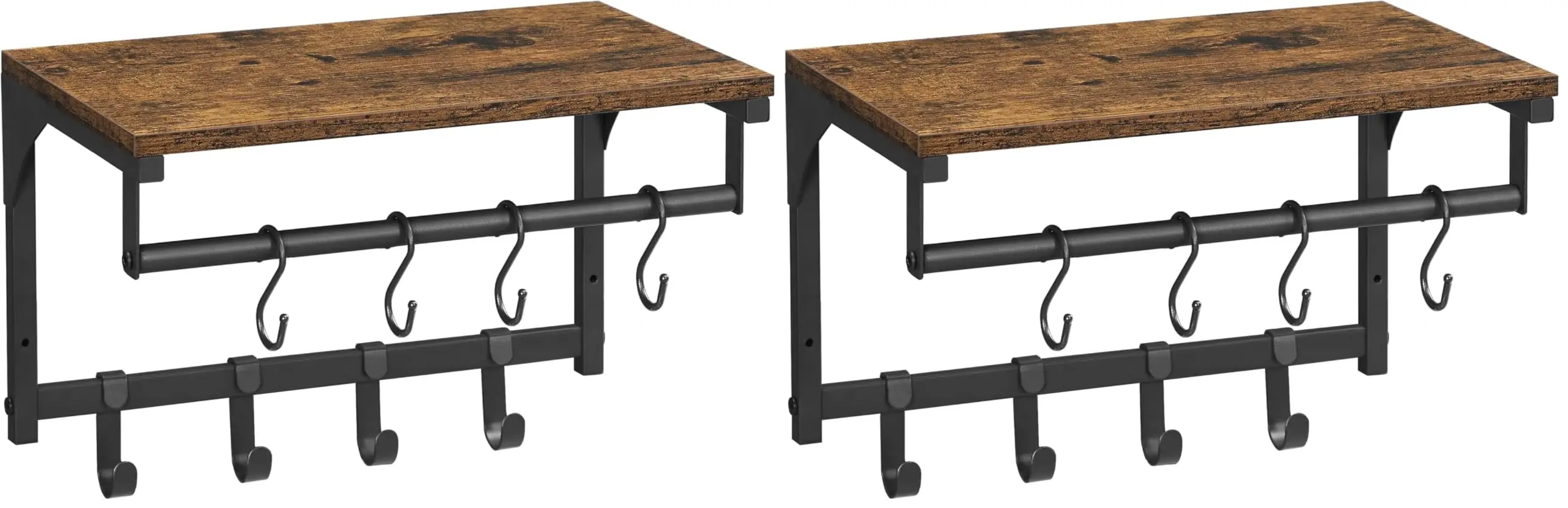 

Rustic Wood Top Wall Shelf With Dual Hook Bars—8 Removable Hooks For Entryway, Kitchen, Bedroom—2 Pack