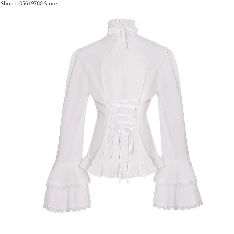 Lolita Lace Shirt Ruffle High Collar Button Up Shirt Long Sleeves Women Gothic Blouse Tops Jabot Tie Halloween Victorian Costume - view 5