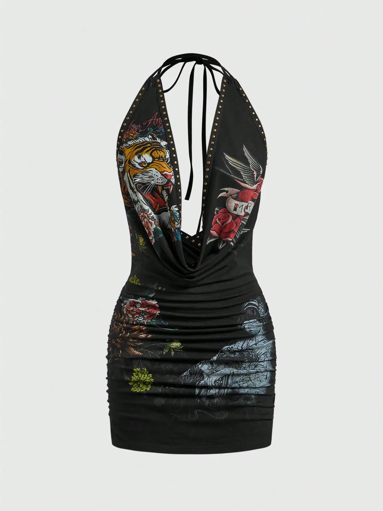 

Black Halter Mini Dress with Tattoo-Style Print, Studded Trim & Plunging Neckline