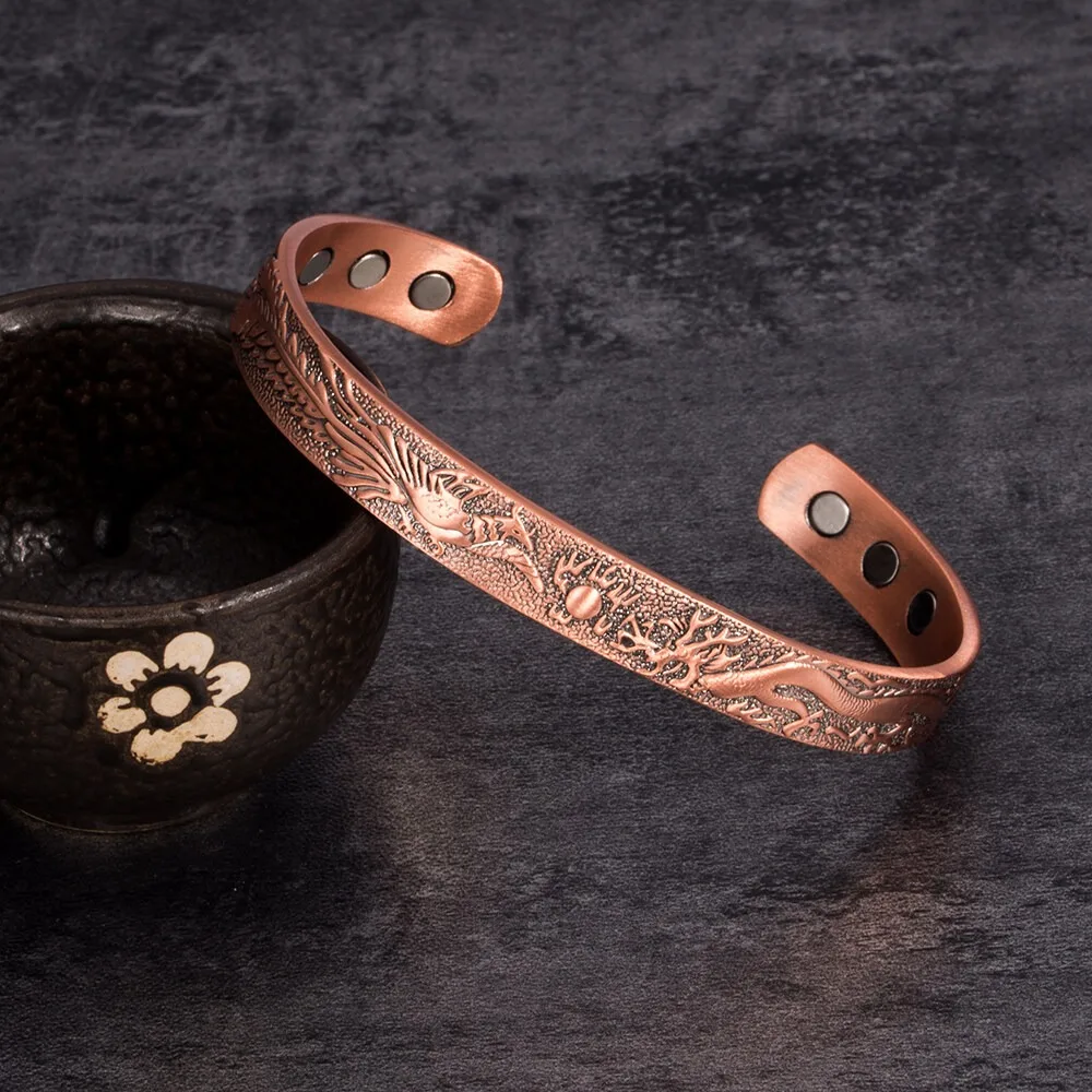 Vintage Copper Bracelet Women Men Lucky Dragon and Phoenix Adjustable Cuff Bracelet Energy Magnetic Bracelets Bangles