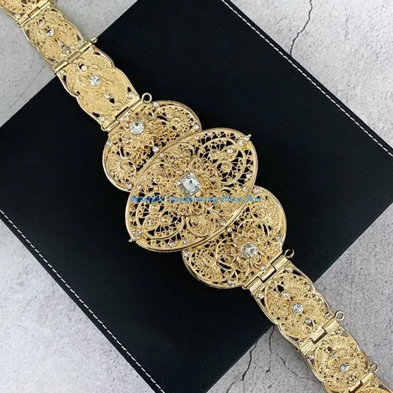 E56A Russian Caucasus Crystal Belt Hollowed Flower Chain Belt for Formal Dress Eye Catching Shimmering Long Robe Wedding Belt