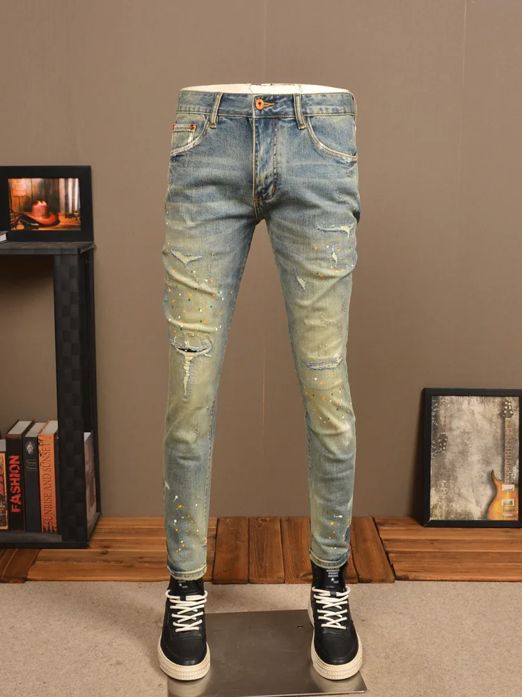 

Retro Make Old Ripped Jeans Men's Spring and Autumn Fashion Slim High Street Pu Shuai Spray Paint Skinny Tappered Pants