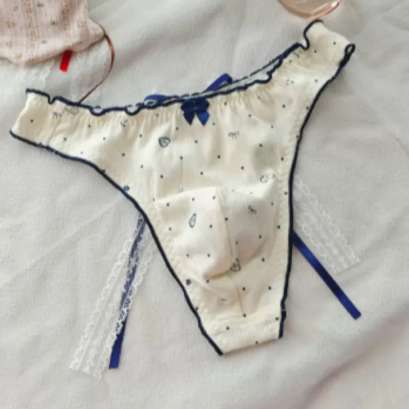 Japanese New Sweet Floral Bow Cross-dressing Underwear Thong Men's Convex Pouch Underpants Cotton Breathable T-back Briefs