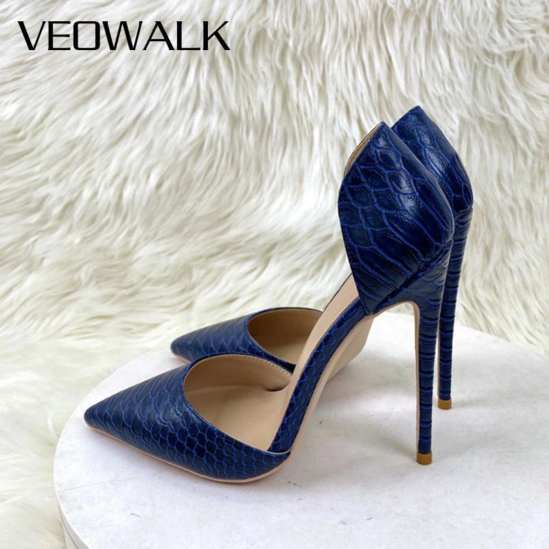 

Veowalk Navy Blue Cro-Effect Women D'Orsay Pointed Toe Stiletto Pumps Comfortable Sexy Ladies Party Show Dress High Heel Shoes