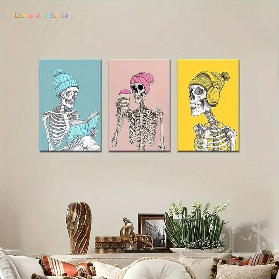 Casual Style 3-Piece Set Gothic Skeleton Art Poster Bundle, Water-Resistant Wall Art, Skeleton Figure with Headphones Decor P
