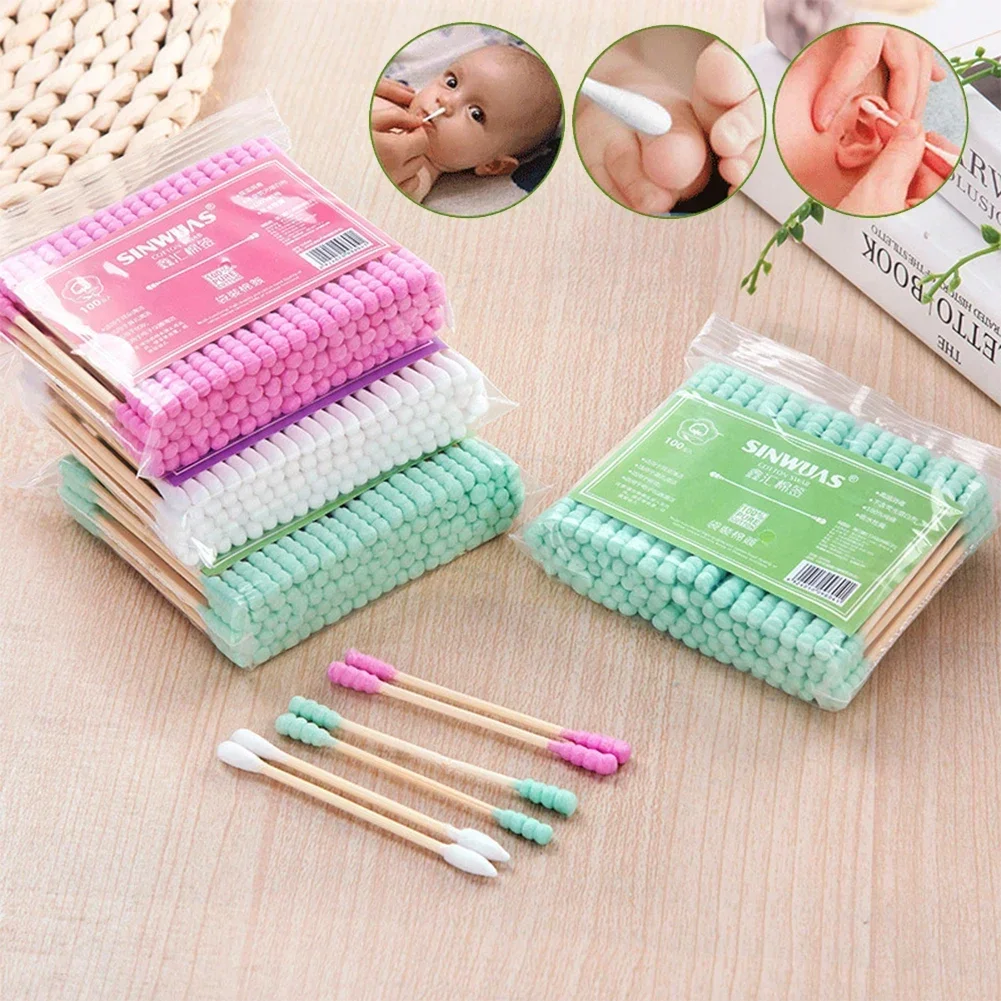 100pcs Double Head Wood Cotton Swab Nose Ears Cleaning Women Makeup Tools Lipstik Cotton Buds Tip Sticks Bastoncillos Oidos