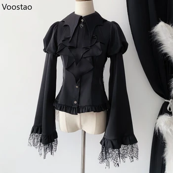 Victoria Vintage Lolita Tarzı Gömlek Kadın Rahat Gotik Örgü Fener Kollu Ince Bluz Kadın Y2k Estetik Kawaii Blusas Tops