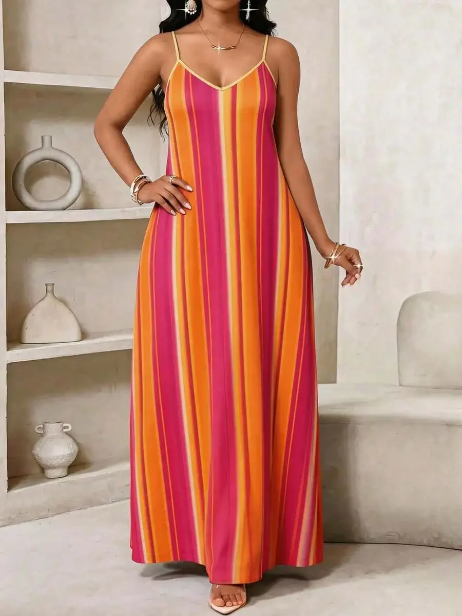 

Womens Striped Spaghetti Strap Maxi Dress Casual Summer Beach Dress