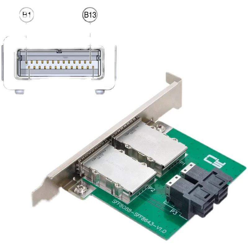 منافذ مزدوجة صغيرة SAS SFF-8088 إلى محول SAS HD SFF-8643 PCBA أنثى داخلي مع دعامة منخفضة المستوى