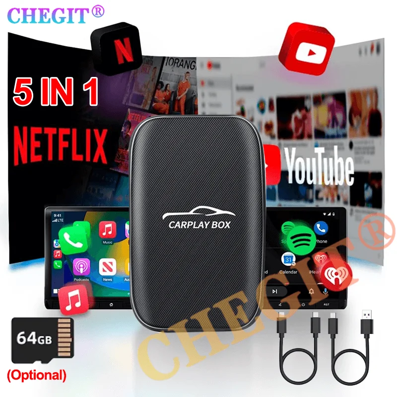 5 in 1 MINI Carplay Ai Box Android Auto Wireless Carplay Adattatore Carplay Lettore multimediale per auto Auto Connect per YouTube Netflix