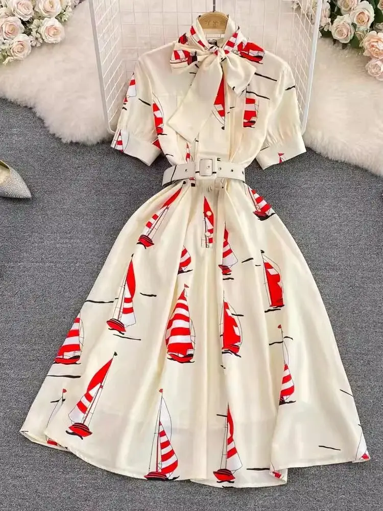 Runway Elegant Sailboats Print Midi Party Dresses Women Bow Collar Short Sleeve Summer Chic French Princess Belt Beige Vestidos