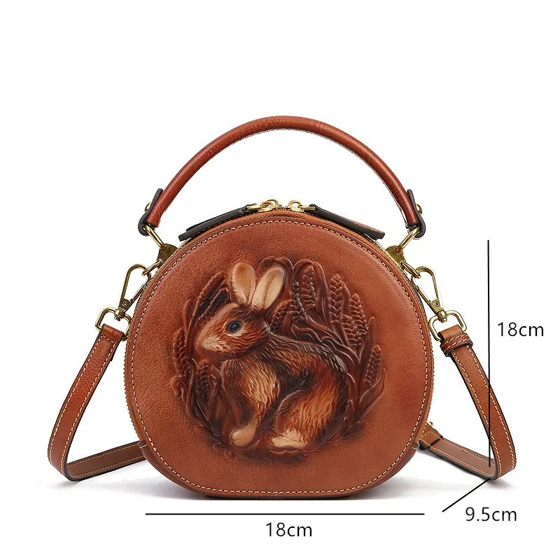 Johnature 2024 New Rabbit Embossed Handbag Genuine Leather Retro Women Bag Versatile Real Cowhide Handmade Shoulder Bags