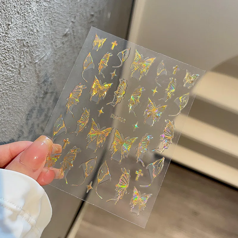 1Pcs Laser Gold/Silver Bronzing Butterfly Nail Sticker 3D Holow Butterfly  Nail Art Decor 8*10cm Holo Gold Butterfly Slider