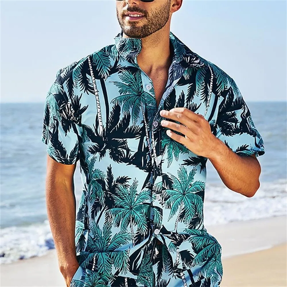 Summer Hawaiian Floral Beach Casual Plus Size Shirt 3D Coconut Pattern T-shirt Retro Tree Short Sleeve Vacation Man Slim Korean