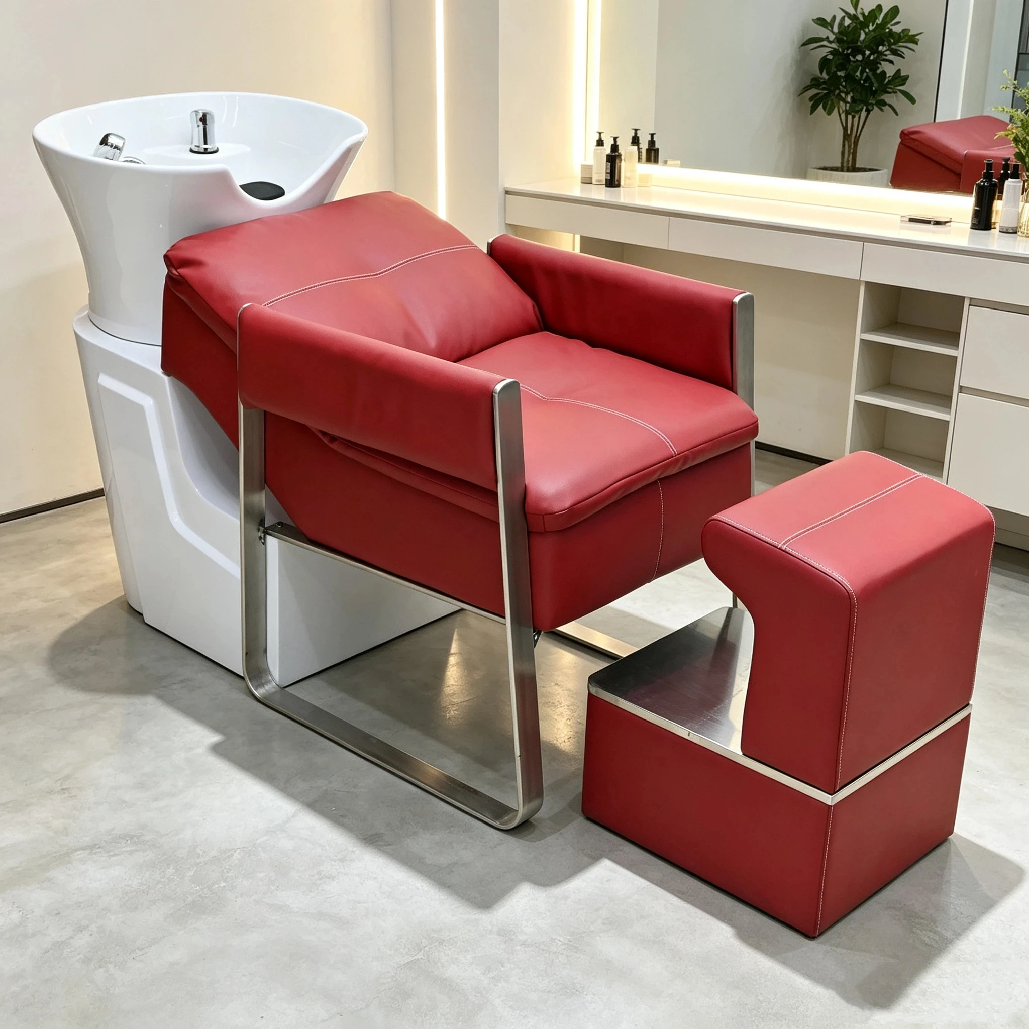 Luxury Reclining Shampoo Chair Unit With Ceramic Basin and Footrest Stool for Hair Salon Spa Backwash Shampoo Bed