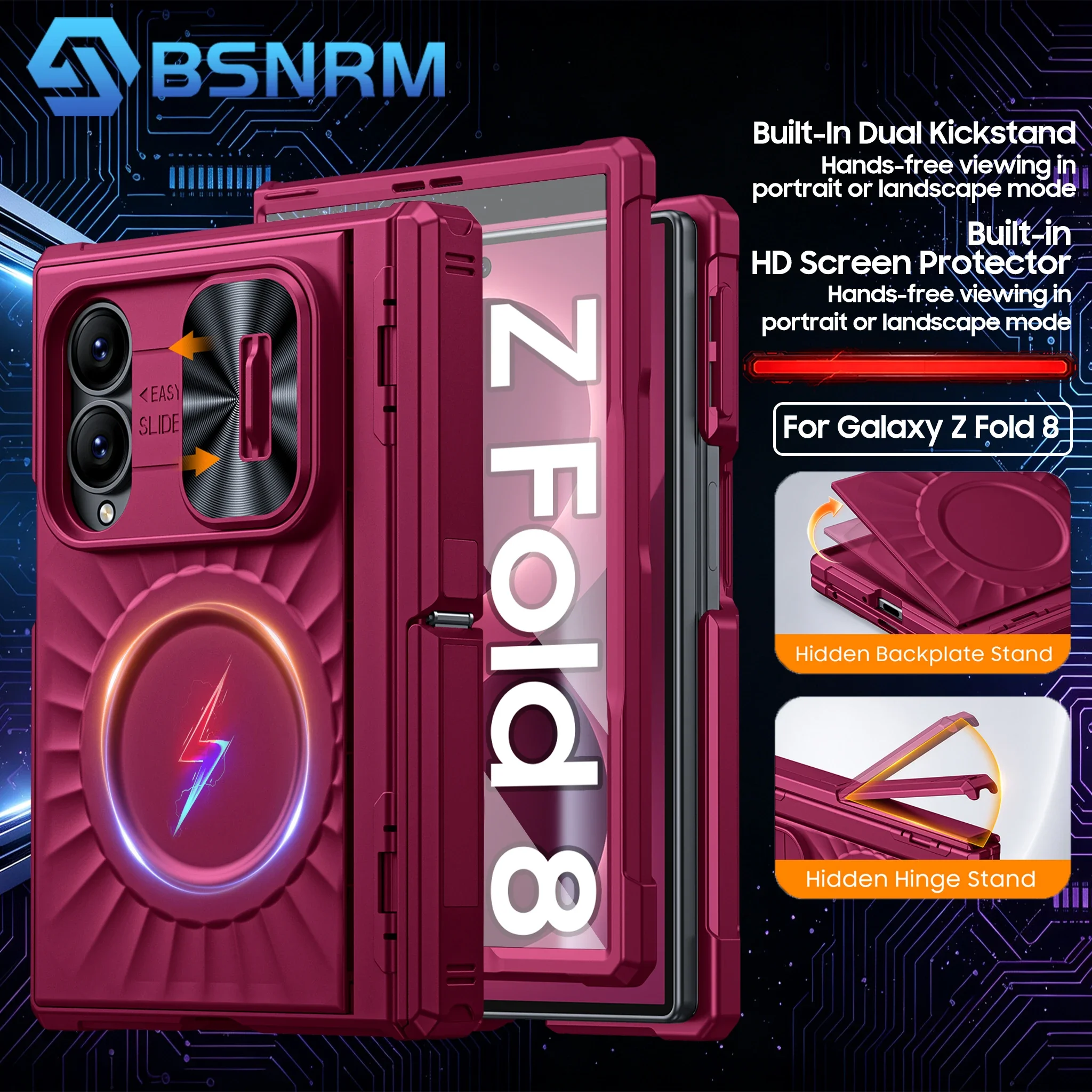 Für Galaxy Z Fold 8 Hülle, Magnetischer Ring, Doppelter Ständer, Schiebe-Kameraabdeckung, Scharnierschutz, Stoßfeste Panzerhülle - Rosarot
