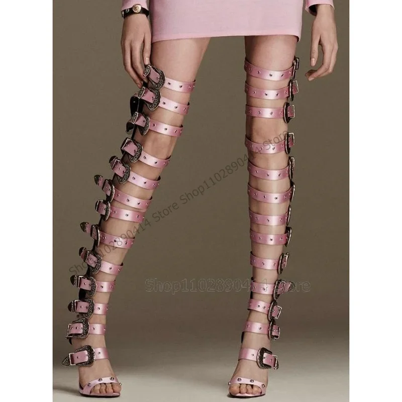 

Pink Hollow Design Buckle Decor Sandals Boots Back Zipper Women Shoes Thin High Heels Open Toe Fashion 2024 Zapatos Para Mujere