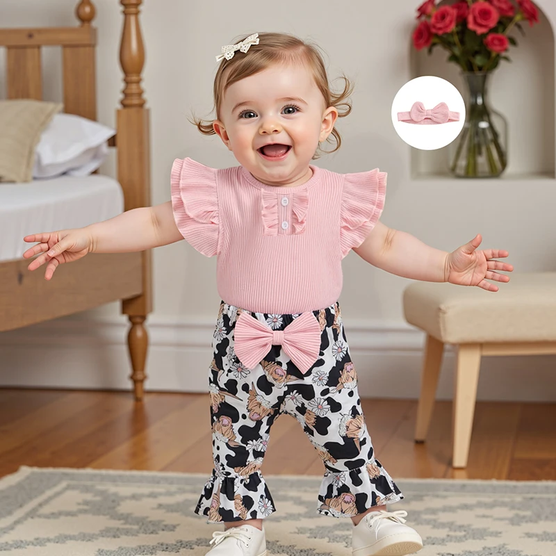 

Baby Girl Summer Outfit Fly Sleeve Romper with Floral Flare Pants and Bow Headband