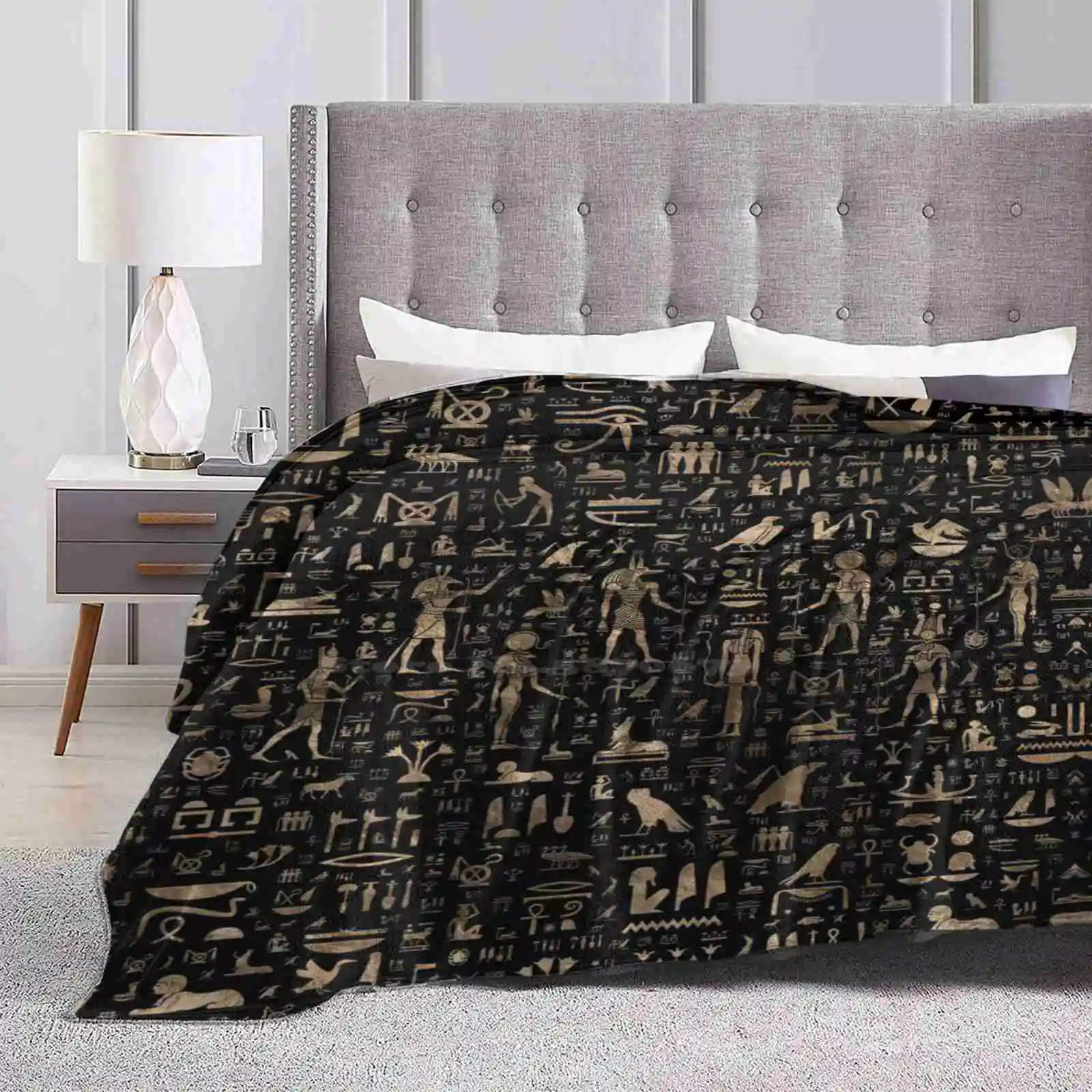 Ancient Egyptian Gods And Hieroglyphs-Black And Gold Four Seasons Comfortable Warm Soft Throw Blanket Egyptian Hieroglyphs