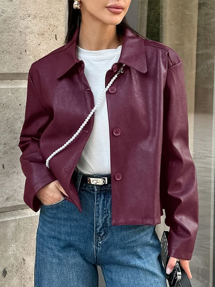 Retro Burgund Revers Leder Jacken Frauen Casual Einreiher Kurze Jacke Weiblichen Frühling Chic Moto Biker Straße Outwear ﻿