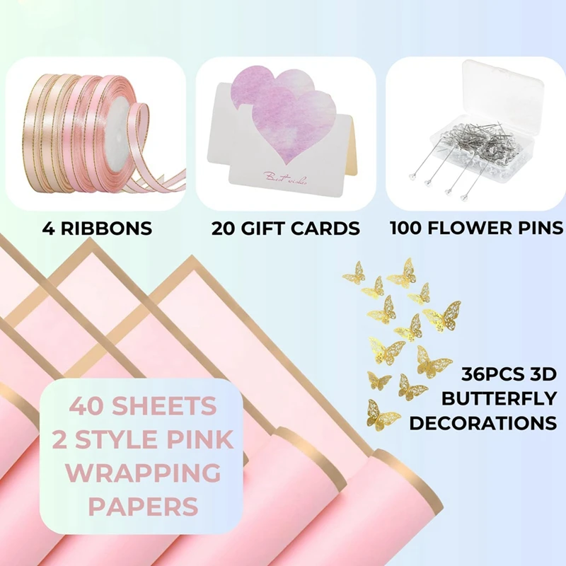 40 Sheets Flower Wrapping Paper With 4 Rolls Flower Ribbons, 20 Cards, 36 Pcs 3D Gold Butterflies