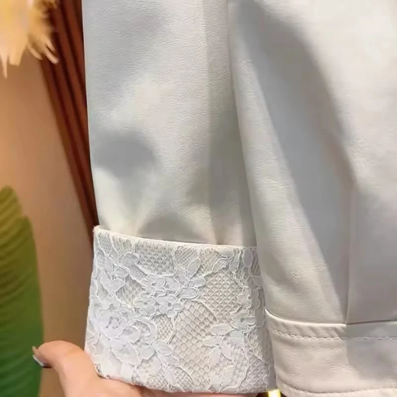 2025 outono novas mulheres jaqueta de couro do plutônio rendas punhos soltos jaquetas de manga comprida feminino xiaoxiangfen casaco de couro fashionstop