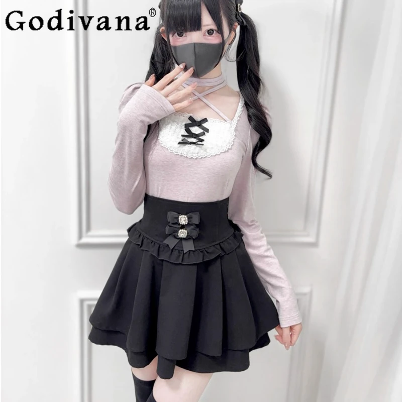 

Original Subculture Pink Knitted Top Spring and Autumn New Girl's Sweet Cute Bow Slim Fit Elegant Tops Lolita Pullover T-Shirts