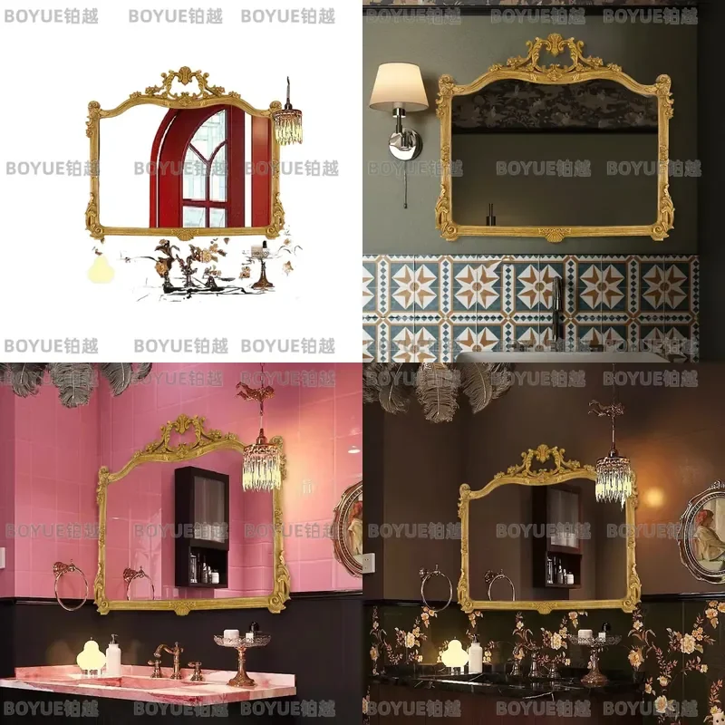 Retro French Style Bathroom Mirror with Light Wall Mounted Anti Fog Smart Vanity Mirror for Makeup Illuminated Decorative