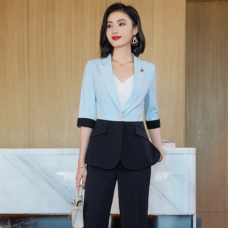 Fashion Stitching Design Sense Suit Women's Summer2023New High-End Professional Tailored Suit Bell-Bottom Pants Two-Piece Set