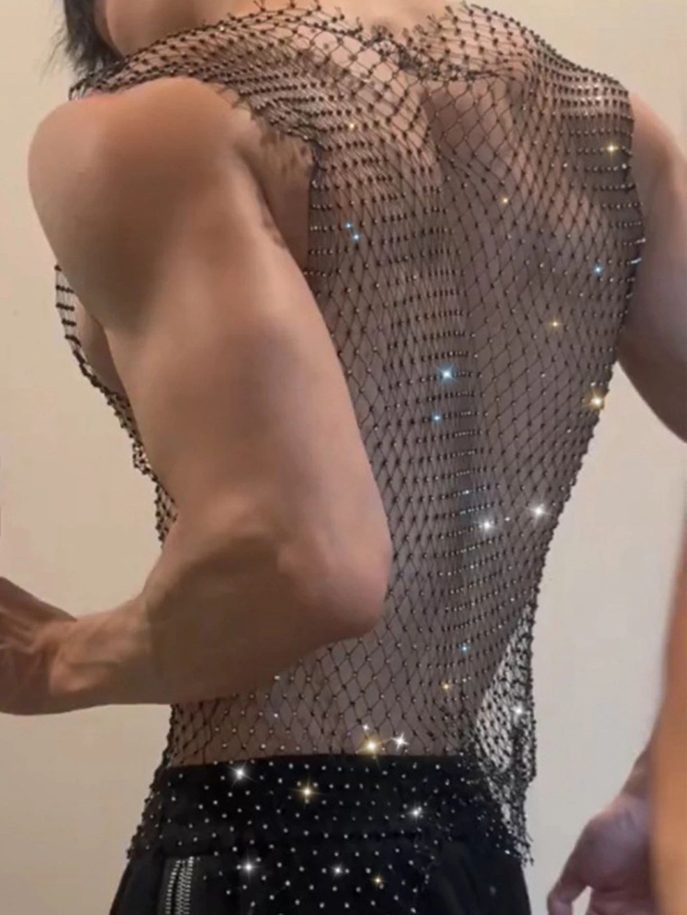 Sexy metal rhinestone tanks top women summer see through fishnet vest night club party top gay man clothes rave tops streetwear